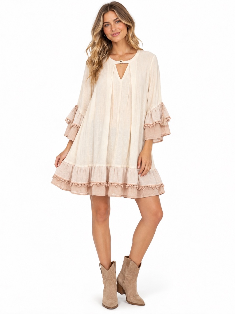 Umgee Boho Ruffle Mini Dress Pom Pom Trim Cottagecore Festival M Romantic
